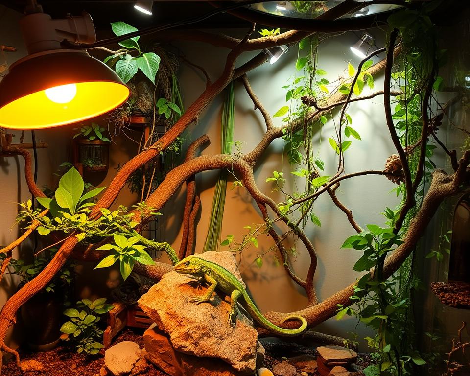 A beautifully arranged arboreal reptile enclosure showcasing a lush, vertically-oriented habitat filled with various climbing branches, live plants, and naturalistic decorations. In the foreground, an adjustable basking lamp emits a warm glow, highlighting a basking rock positioned under its light. The middle ground features a vibrant green vine intertwining with branches, creating dynamic pathways for the reptiles. In the background, soft ambient lighting simulates a natural environment, with shadows cast by the foliage. The enclosure glass reflects the lighting setup, emphasizing the careful arrangement of heating elements and UV lights. Capture this scene from a slightly elevated angle to emphasize depth and detail, creating a warm and inviting atmosphere that feels like a slice of nature. A beautifully arranged arboreal reptile enclosure showcasing a lush, vertically-oriented habitat filled with various climbing branches, live plants, and naturalistic decorations. In the foreground, an adjustable basking lamp emits a warm glow, highlighting a basking rock positioned under its light. The middle ground features a vibrant green vine intertwining with branches, creating dynamic pathways for the reptiles. In the background, soft ambient lighting simulates a natural environment, with shadows cast by the foliage. The enclosure glass reflects the lighting setup, emphasizing the careful arrangement of heating elements and UV lights. Capture this scene from a slightly elevated angle to emphasize depth and detail, creating a warm and inviting atmosphere that feels like a slice of nature.