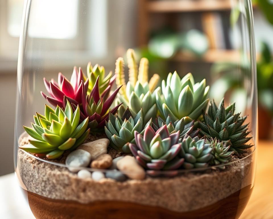 A beautifully arranged succulent terrarium featuring a variety of vibrant and textured succulents such as Echeveria, Haworthia, and Aloe, nestled in a glass container with a wooden base. The foreground highlights the succulents' intricate shapes and colors, showcasing their lush green and purple hues. The middle ground includes decorative elements like smooth pebbles and sand, creating a natural desert landscape. In the background, faintly visible, is a soft, blurred view of a sunlit window illuminating the terrarium with warm, diffused light, enhancing the tranquil atmosphere. The image captures a sense of calm and harmony, perfect for depicting troubleshooting ideas, emphasizing the delicate balance required to maintain the plants' health.