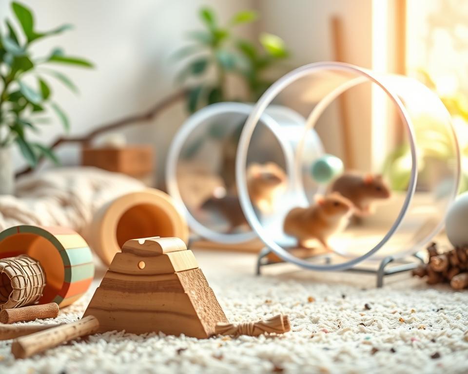 A bright and inviting scene featuring various exercise wheels designed for small rodents, such as hamsters and mice. In the foreground, showcase a colorful wooden exercise wheel with natural textures, surrounded by a few playful toys like tunnels and chew sticks. In the middle ground, display a modern, transparent plastic exercise wheel, allowing a glimpse of a curious rodent inside, energetically running. The background should feature a cozy habitat environment with soft bedding, leafy greens, and sunlit areas, creating a warm and enriching atmosphere. Use soft, diffused lighting to enhance the cheerful mood, with a focus on a shallow depth of field to emphasize the wheels while softly blurring the background. The overall composition should evoke a sense of joy and engagement, illustrating the concept of physical activity for pets. A bright and inviting scene featuring various exercise wheels designed for small rodents, such as hamsters and mice. In the foreground, showcase a colorful wooden exercise wheel with natural textures, surrounded by a few playful toys like tunnels and chew sticks. In the middle ground, display a modern, transparent plastic exercise wheel, allowing a glimpse of a curious rodent inside, energetically running. The background should feature a cozy habitat environment with soft bedding, leafy greens, and sunlit areas, creating a warm and enriching atmosphere. Use soft, diffused lighting to enhance the cheerful mood, with a focus on a shallow depth of field to emphasize the wheels while softly blurring the background. The overall composition should evoke a sense of joy and engagement, illustrating the concept of physical activity for pets.