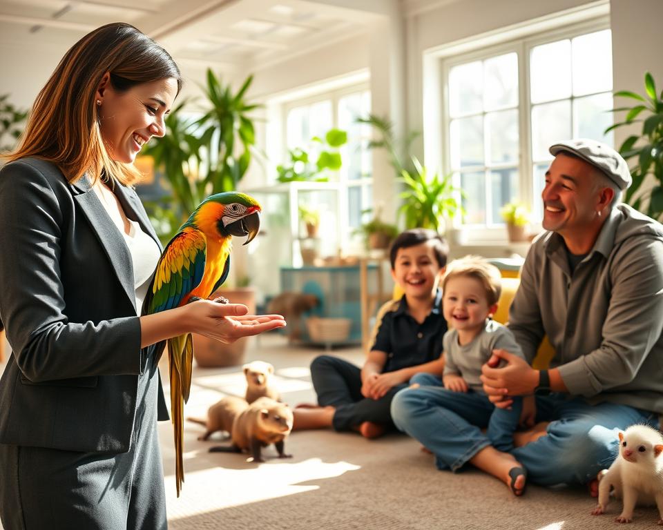 A bright, inviting room filled with various exotic pets being socialized by a diverse group of people. In the foreground, a woman in a professional business attire is gently interacting with a colorful macaw perched on her hand, showcasing trust and bonding. In the middle, a young boy is sitting on the floor, laughing as he plays with a friendly ferret, while a man in modest casual clothing watches over them with encouragement. The background features a spacious, naturally lit area with plants and pet enclosures, creating a warm, welcoming atmosphere. Soft sunlight streams through large windows, casting a cheerful glow on the scene, capturing the essence of socializing exotic pets with humans in a kind and responsible way.