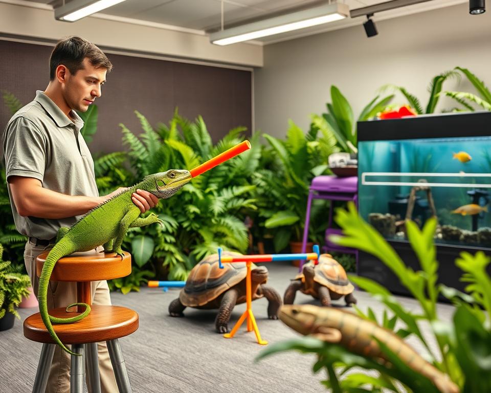 A brightly lit, modern training studio filled with vibrant greenery, showcasing a reptile trainer engaged in advanced target training techniques with various reptiles. In the foreground, a focused trainer, dressed in a professional polo shirt and khakis, uses clicker training with a striking green iguana perched on a stool, eagerly reaching for a brightly colored target stick. In the middle, a large tortoise navigates a small obstacle course, while a chameleon blends in with the colorful props. The background features lush ferns and an aquarium with fish, creating a lively atmosphere. The lighting is warm and natural, creating a welcoming mood, with a slight depth of field to emphasize the subjects in action.