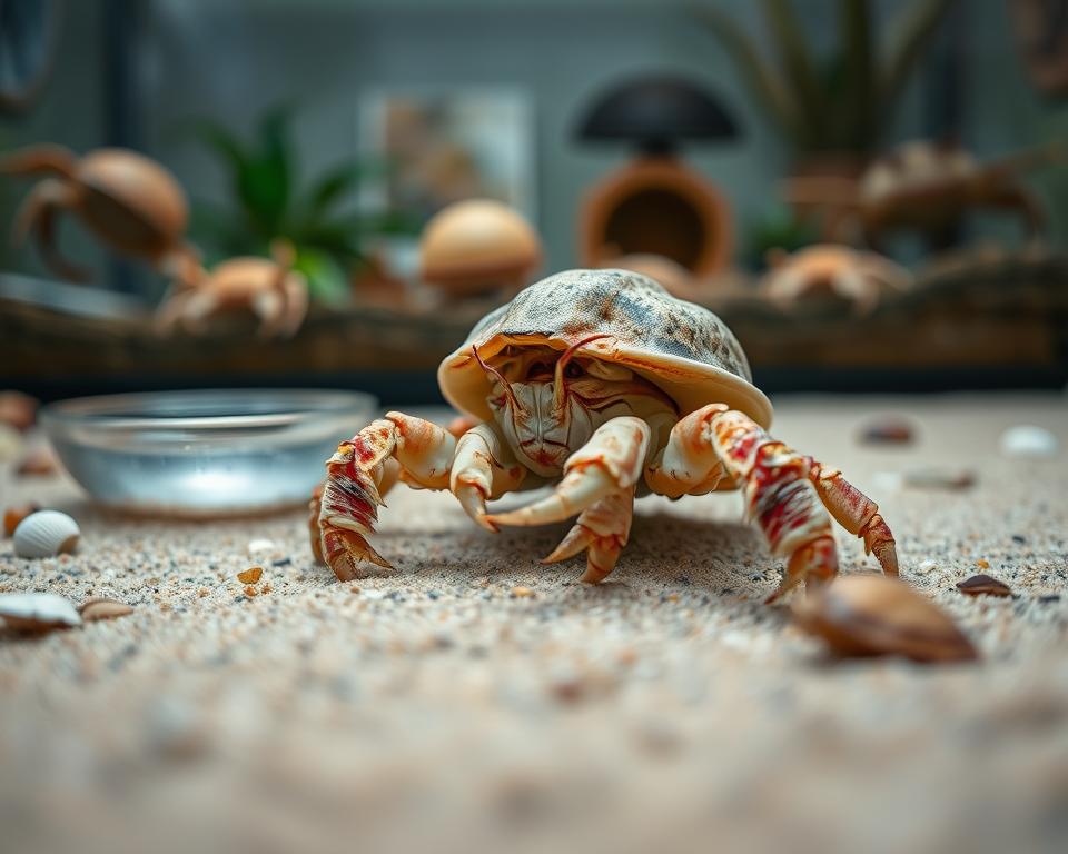 A close-up of a hermit crab exhibiting signs of stress and health issues, featuring a visibly sluggish crab with an unkempt shell, soft and dull colors indicating poor health. The foreground showcases the crab on wet sand, with a small water dish and scattered shells nearby. In the middle background, blurred images of other hermit crabs in a habitat with sparse decor highlight a lack of stimulation. Soft, diffused natural lighting simulates an overcast day, creating a somber atmosphere. Emphasize the crab's antennae drooping and body posture suggesting distress. Use a macro lens perspective for detailed textures of the crab's shell and surroundings, evoking a sense of concern for the creature's wellbeing.