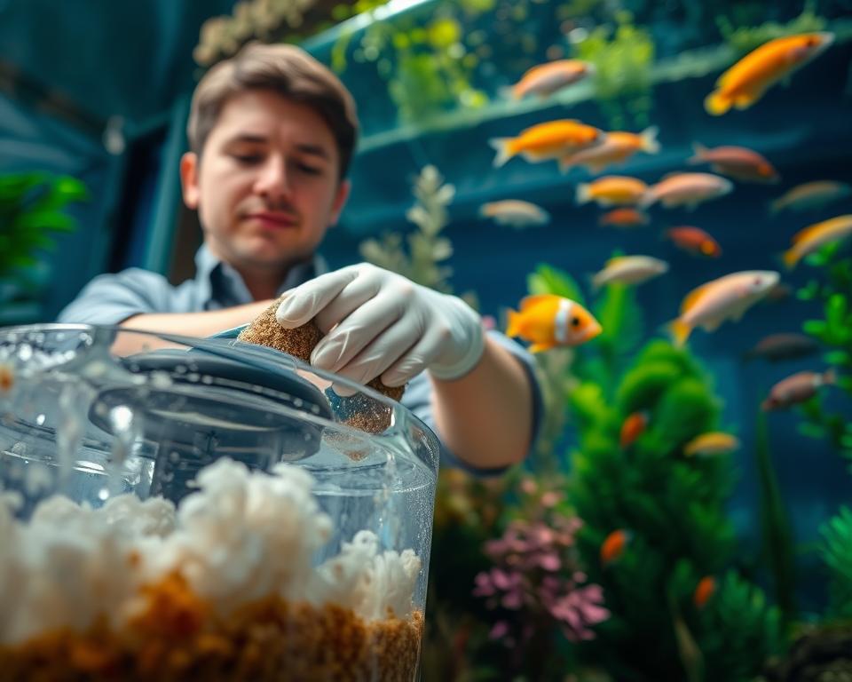 A close-up scene of a person in professional casual attire performing maintenance on an aquarium filter. In the foreground, the aquarium filter is demonstrated, revealing its internal components with clean water flowing through it. The middle layer features a person carefully removing and cleaning filter media, wearing gloves for hygiene. The background showcases a well-maintained aquarium filled with vibrant fish swimming happily among lush aquatic plants. Soft, natural lighting illuminates the scene, enhancing the serene, calming atmosphere. The angle is slightly above eye level, allowing a view of both the person's focused expression and the bustling aquarium. The overall mood is one of diligence and care, emphasizing the importance of regular maintenance in aquarium filtration systems.