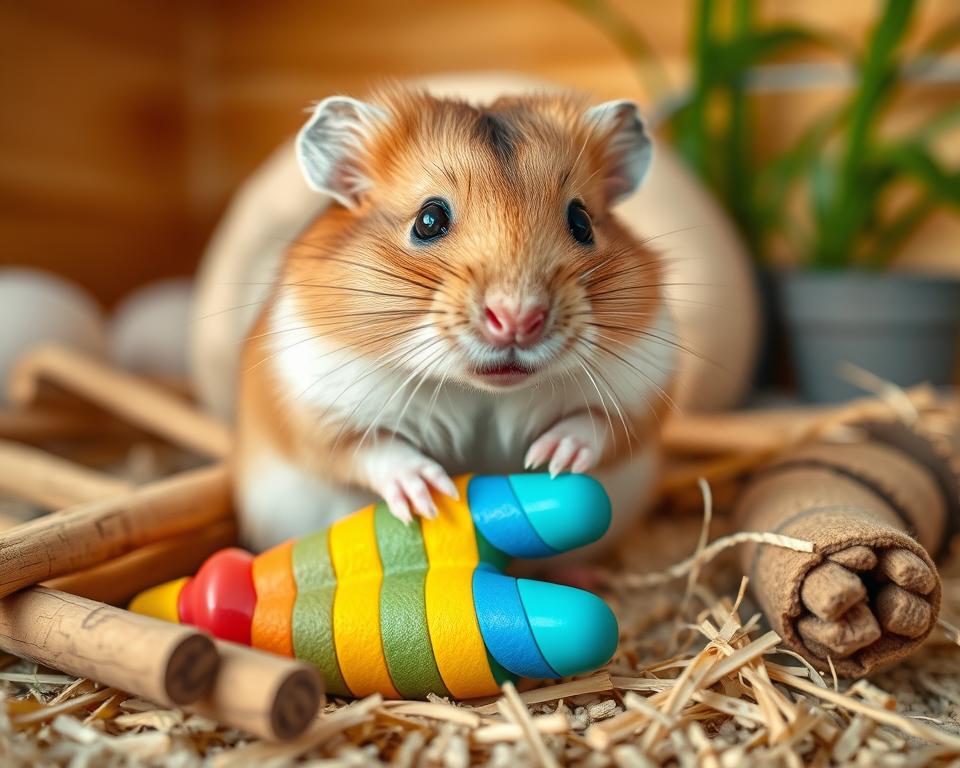 A close-up view of a healthy, fluffy hamster sitting on a bright, colorful chew toy, surrounded by various natural dental care items like wood sticks and hay. The hamster has shiny fur and attentive eyes, showcasing its active demeanor. In the background, a cozy natural habitat is visible, with soft bedding and gentle greenery. The lighting is soft and warm, creating a welcoming atmosphere, with a slight bokeh effect on the background to draw attention to the hamster. The scene is captured from a low angle, emphasizing the hamster and its playful environment, inviting viewers to appreciate the importance of chew toys in promoting dental health for small mammals.