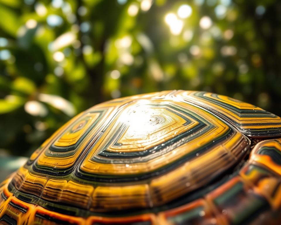 A close-up view of a healthy turtle shell, showcasing its vibrant, shiny surface with intricate patterns and textures. In the foreground, focus on the shell's smoothness, highlighting the variations in color—deep greens, rich browns, and subtle yellows. The middle ground features a blurred background of a lush, natural habitat with soft sunlight filtering through leaves, casting gentle dappled light on the shell. The scene captures a serene atmosphere, emphasizing the importance of proper care and prevention against shell rot. The lighting should be warm and inviting, with a soft focus that enhances the beauty of the turtle shell without any distractions. Aim for a macro lens perspective to accentuate the details of the shell's structure. A close-up view of a healthy turtle shell, showcasing its vibrant, shiny surface with intricate patterns and textures. In the foreground, focus on the shell's smoothness, highlighting the variations in color—deep greens, rich browns, and subtle yellows. The middle ground features a blurred background of a lush, natural habitat with soft sunlight filtering through leaves, casting gentle dappled light on the shell. The scene captures a serene atmosphere, emphasizing the importance of proper care and prevention against shell rot. The lighting should be warm and inviting, with a soft focus that enhances the beauty of the turtle shell without any distractions. Aim for a macro lens perspective to accentuate the details of the shell's structure.