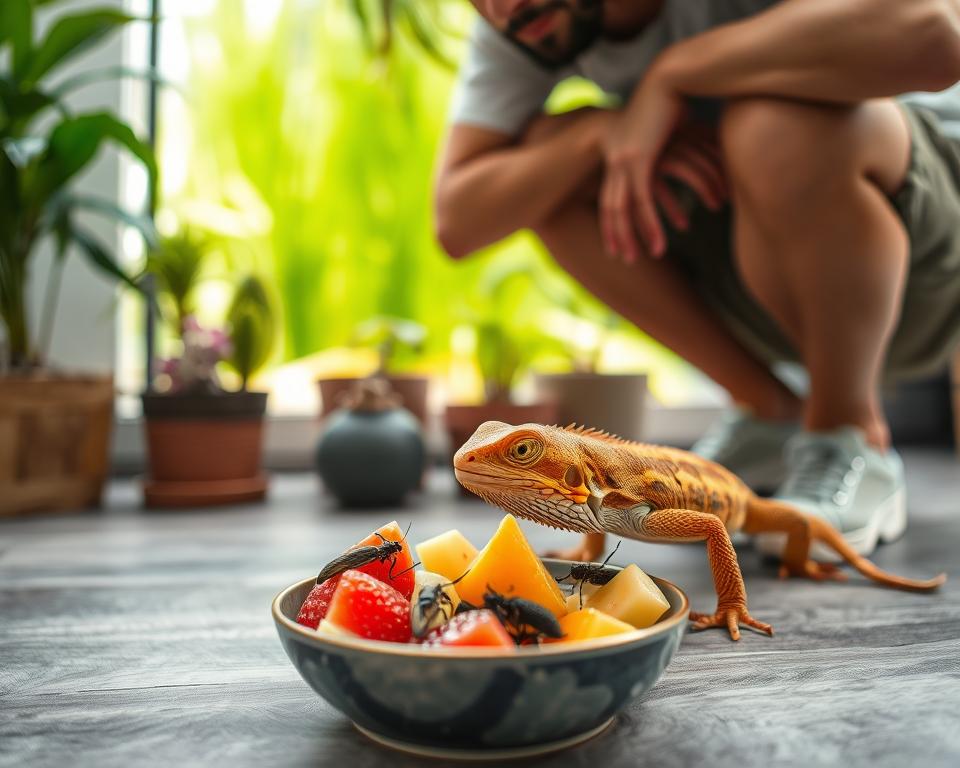 A close-up view of a person in moderate casual clothing, crouching down to interact with their pet reptile, perhaps a colorful bearded dragon or a vibrant chameleon. In the foreground, a small bowl filled with fresh fruits and insects sits invitingly, showcasing the feeding process. The reptile is curiously approaching the food, highlighting the moment of bonding during feeding time. In the middle ground, there is a lush green backdrop with small potted plants and natural light filtering through, creating a warm and inviting atmosphere. The soft focus on the background emphasizes the intimacy of the scene while keeping the viewer's attention on the reptile and its caretaker. The lighting is bright yet soft, capturing the natural colors of the reptile's scales and the details of the food.