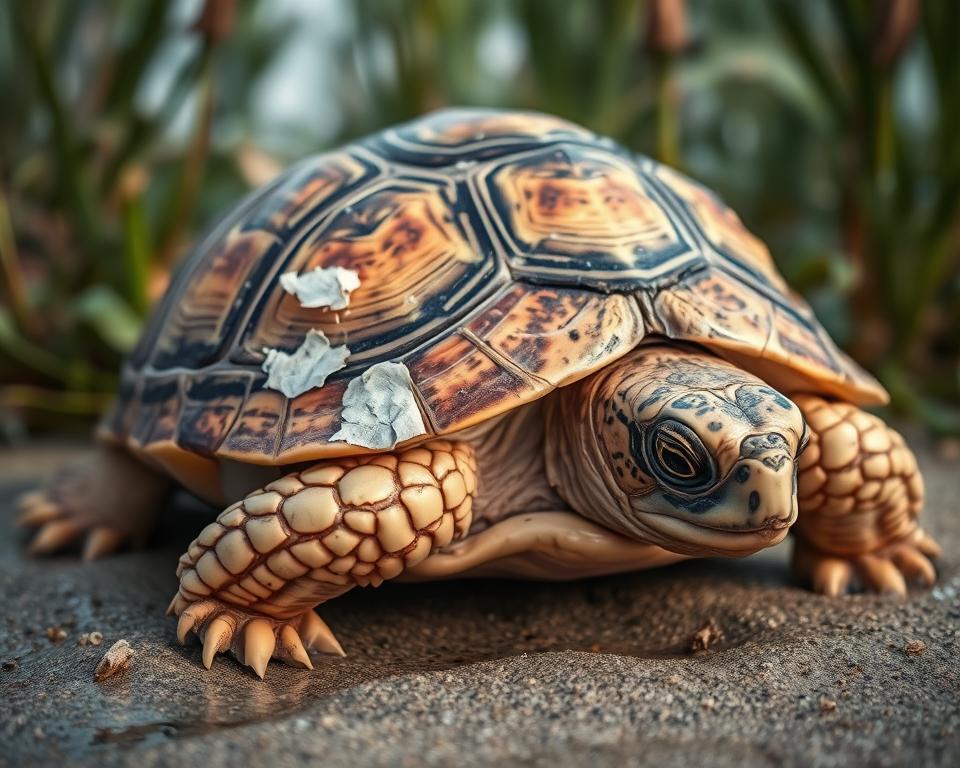 A close-up view of a turtle’s shell exhibiting signs of shell rot, highlighting peeling areas, discoloration, and small lesions. The turtle is placed on a natural surface, such as wet sand or grass, to emphasize its habitat. Soft, diffused lighting illuminates the shell, creating subtle shadows that enhance the texture of the rot. The background features a lush, blurred-out environment with plants and soft earth tones, suggesting a natural setting. The mood should be informative and slightly somber, reflecting the seriousness of the condition without being graphic. The angle focuses directly on the shell, capturing the intricate details of both the healthy and unhealthy areas for educational purposes. A close-up view of a turtle’s shell exhibiting signs of shell rot, highlighting peeling areas, discoloration, and small lesions. The turtle is placed on a natural surface, such as wet sand or grass, to emphasize its habitat. Soft, diffused lighting illuminates the shell, creating subtle shadows that enhance the texture of the rot. The background features a lush, blurred-out environment with plants and soft earth tones, suggesting a natural setting. The mood should be informative and slightly somber, reflecting the seriousness of the condition without being graphic. The angle focuses directly on the shell, capturing the intricate details of both the healthy and unhealthy areas for educational purposes.