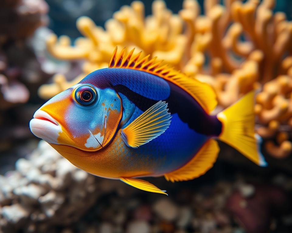 A close-up view of a vibrant tropical fish exhibiting visible symptoms of disease, such as white spots on its fins and body and frayed fin edges. In the foreground, emphasize the fish with vivid colors like bright blues, yellows, and oranges, showcasing its scales and fins in detailed clarity. The middle background features a lush underwater environment with soft coral formations and pebbles, subtly out of focus to draw attention to the fish. The lighting is warm and inviting, filtered through the water, creating a serene and informative atmosphere. Use a shallow depth of field to enhance the details of the fish while keeping the surrounding environment gentle and supportive of the scene's educational intent.