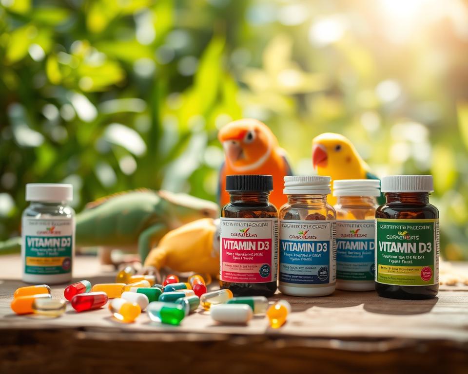 A close-up view of an assortment of Vitamin D3 supplements specifically designed for exotic pets, arranged artistically on a wooden surface. The foreground features colorful capsules and small bottles with labels that indicate their purpose for pets like reptiles, birds, and small mammals. In the middle ground, a few exotic pet species, such as a vibrant chameleon and a curious parakeet, can be seen interacting with the supplements, conveying a sense of health and vitality. The background is softly blurred with lush greenery to suggest a natural habitat, creating a warm, inviting atmosphere. The lighting is bright and natural, as if illuminated by sunlight, to evoke a feeling of freshness and well-being.