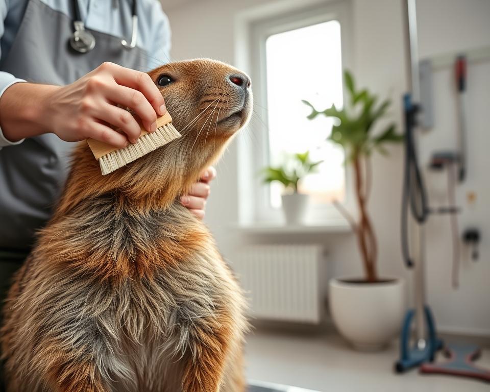 A close-up view of an exotic mammal, such as a capybara or fennec fox, being gently groomed by a professional animal caretaker. In the foreground, the caretaker, dressed in smart casual attire, is using a soft brush to groom the mammal, emphasizing a calm and caring interaction. The mammal's fur is richly detailed, showcasing its unique texture and coloration. In the middle ground, a light and airy veterinary grooming space with subtle pastel colors creates a soothing atmosphere. Soft, natural light filters through a nearby window, casting gentle shadows. In the background, various grooming tools and a potted plant add to the peaceful environment, communicating a sense of safety and care. The overall mood is relaxed and nurturing, highlighting the importance of positive interactions during grooming. A close-up view of an exotic mammal, such as a capybara or fennec fox, being gently groomed by a professional animal caretaker. In the foreground, the caretaker, dressed in smart casual attire, is using a soft brush to groom the mammal, emphasizing a calm and caring interaction. The mammal's fur is richly detailed, showcasing its unique texture and coloration. In the middle ground, a light and airy veterinary grooming space with subtle pastel colors creates a soothing atmosphere. Soft, natural light filters through a nearby window, casting gentle shadows. In the background, various grooming tools and a potted plant add to the peaceful environment, communicating a sense of safety and care. The overall mood is relaxed and nurturing, highlighting the importance of positive interactions during grooming.