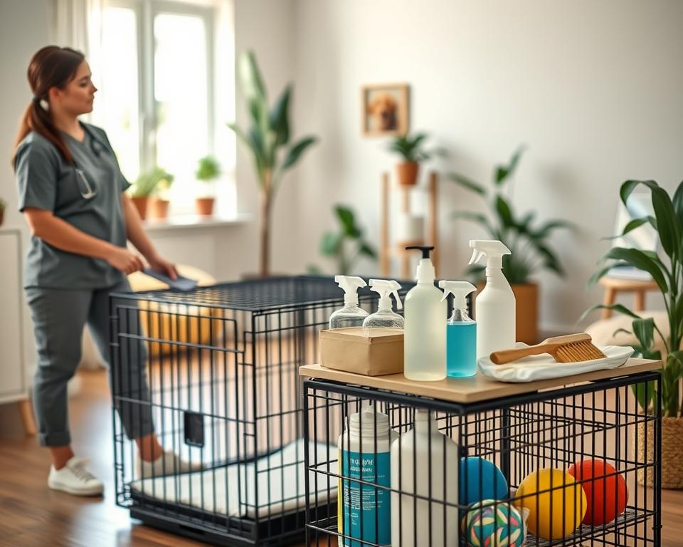 A cozy and well-organized indoor space dedicated to pet quarantine hygiene practices. In the foreground, a professional caregiver in a modest, casual outfit is seen carefully cleaning a pet crate with disinfectant wipes. The middle layer features neatly arranged cleaning supplies, such as soap, a brush, and detergents, along with a couple of colorful toy balls for pets. The background depicts a well-lit room with soft, natural lighting filtering through a window, showcasing a few houseplants and a dog bed in a corner. The atmosphere is calm and hygienic, conveying a sense of responsibility and care for new pets during quarantine, emphasizing cleanliness and health. The composition is balanced, with a dynamic angle that highlights both the caregiver and the surrounding hygiene essentials.