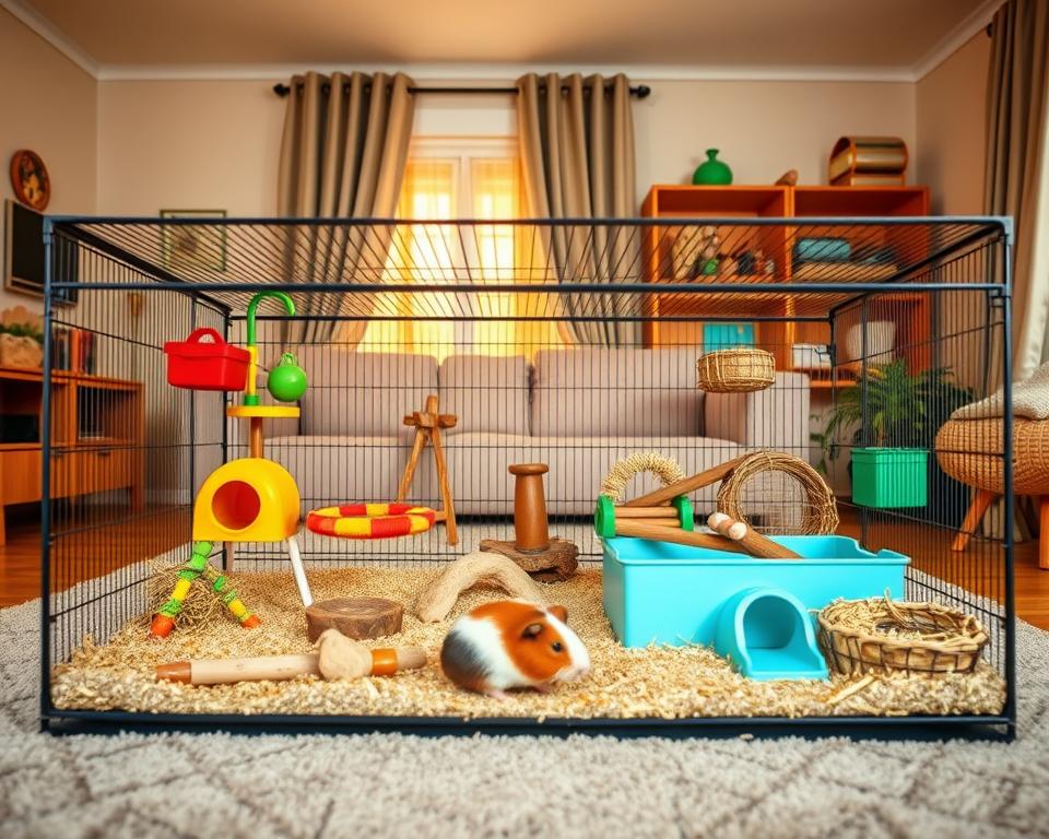 A cozy indoor environment showcasing an ideal small mammal cage set within a well-lit living room. In the foreground, the cage is spacious and divided into zones for play and rest, filled with colorful toys, tunnels, and natural enrichment like wood pieces and hay. In the middle ground, a small, cute mammal, such as a guinea pig or hamster, is actively exploring its habitat, highlighting the cage’s dimensions and layout. The background features a soft, warm glow from a nearby window, providing natural light that enhances the inviting atmosphere of the space. The overall mood is cheerful and nurturing, with a focus on animal welfare and enrichment. Use a slightly elevated angle for a comprehensive view of the environment, ensuring the scene feels vibrant and engaging.