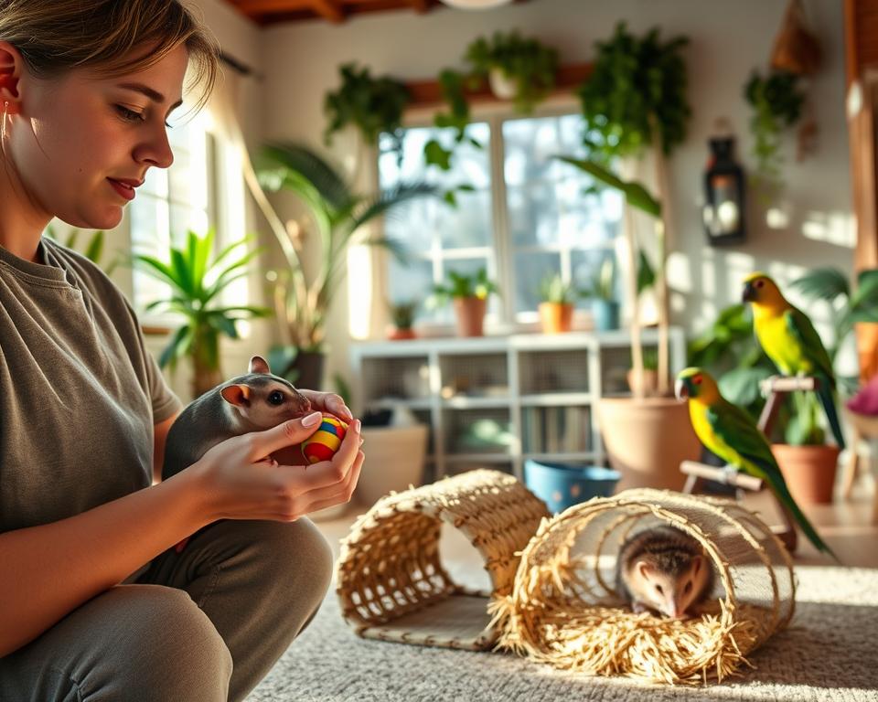 A cozy indoor setting showcasing a variety of exotic pets engaging in enrichment activities. In the foreground, an attentive person in casual clothing interacts gently with a shy sugar glider, offering a colorful toy. The middle ground features a small play area with a curious hedgehog exploring a tunnel made of natural materials, while a calm parrot perches nearby, observing the scene. In the background, natural light filters through a window, casting soft shadows and creating a warm, inviting atmosphere. The room is decorated with plants and pet-friendly decor, emphasizing a nurturing environment. The mood is peaceful and supportive, highlighting socialization and enrichment for shy exotic pets.