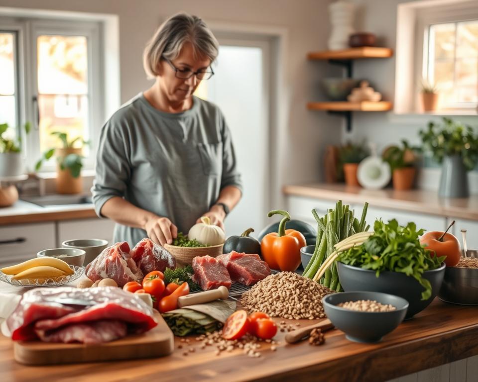 A cozy kitchen scene featuring a pet owner thoughtfully preparing natural pet diets. In the foreground, a wooden counter covered with various fresh ingredients like raw meats, vegetables, and grains, with some bowls and a cutting board. The middle ground shows the pet owner, a middle-aged individual wearing modest casual clothing, carefully inspecting a colorful array of produce. In the background, a well-lit, inviting kitchen with plants on the windowsill and a warm, natural light streaming in, creating a friendly, homely atmosphere. The overall mood is one of care and consideration, emphasizing the importance of preparation time for natural pet diets.