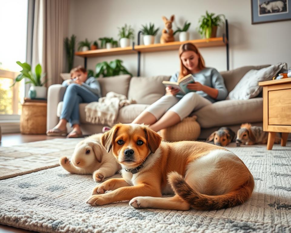 A cozy living room scene depicting multi-species household harmony, featuring a small dog and a cat relaxing peacefully on a soft rug in the foreground. Nearby, a small bird is perched on the edge of a wooden shelf, chirping happily. In the middle ground, a parent and child, dressed in casual but neat clothing, are engaged in a gentle activity, perhaps reading together, while a rabbit lounges casually beside them. The background shows a bright window with soft, warm sunlight streaming in, illuminating house plants and a shelf filled with pet toys. The atmosphere is serene and inviting, emphasizing the loving interactions and daily routines that create harmony in a multi-species household. Use a wide-angle lens for an immersive perspective.