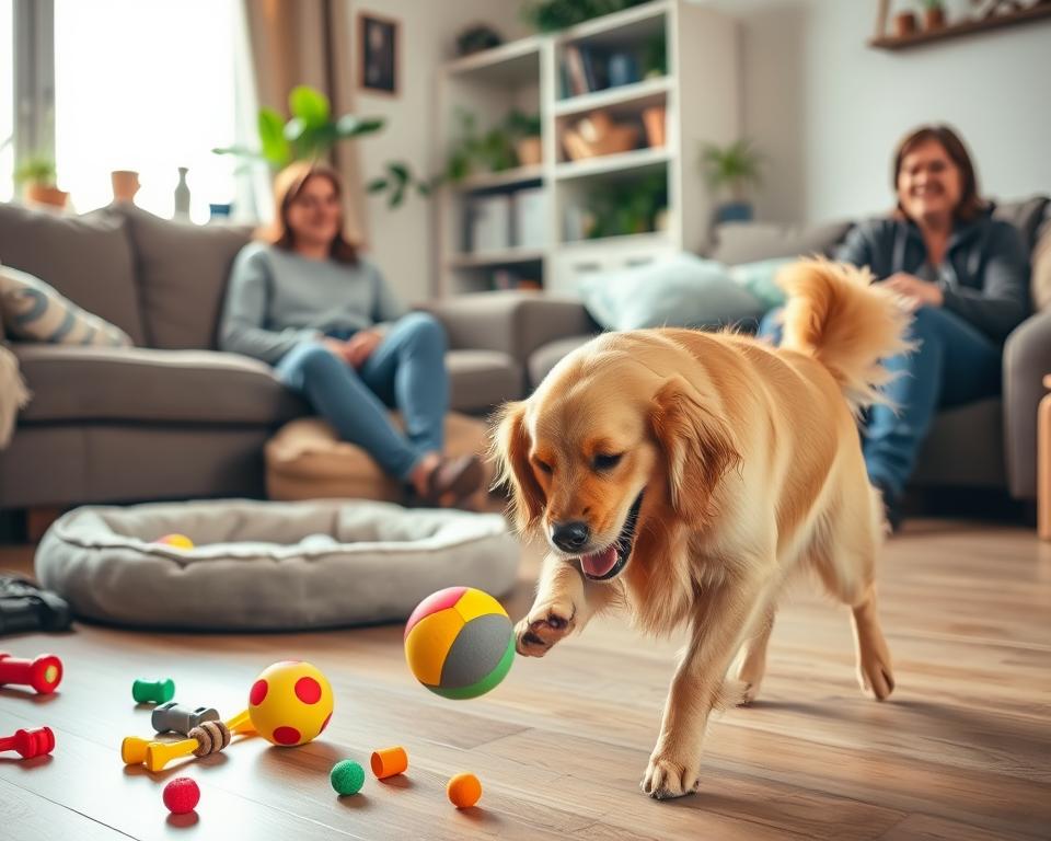 A cozy living room scene during quarantine, featuring a playful dog engaging in indoor activities. In the foreground, a golden retriever is happily playing with a colorful rubber ball, surrounded by scattered toys. In the middle ground, a plush dog bed and a few interactive puzzle toys are visible. The background shows a warm, inviting space with soft lighting filtering through a window, illuminating a shelf filled with pet supplies and a few houseplants. A person casually dressed in comfortable clothing is sitting on the floor, actively engaging with the dog, creating a joyful atmosphere of companionship. The image should feel bright and cheerful, capturing the essence of keeping pets active indoors.