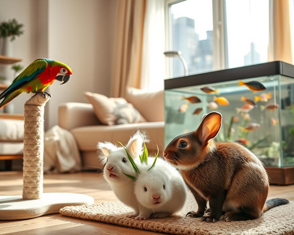 A cozy living room scene featuring a diverse group of exotic pets engaging with each other. In the foreground, a timid, colorful parrot perches on a play tree, cautiously approaching a friendly, fluffy rabbit that sits on a soft rug. In the middle, a sleek, curious ferret peeks out from behind a small indoor plant, while a small group of tropical fish swims gracefully in an aquarium, casting shimmering reflections in the room. The background includes a sunny window with curtains fluttering gently, creating a warm and inviting atmosphere. Natural light streams in, enhancing the vibrant colors of the pets and the softness of the furnishings. The overall mood is joyful and serene, emphasizing the importance of socialization in creating harmonious relationships among different pets.