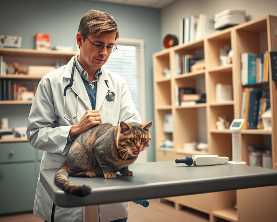 A cozy veterinary clinic examination room, brightly lit with warm ambient lighting. In the foreground, a focused veterinarian, dressed in a white lab coat and modest attire, gently examines a gray tabby cat on an exam table. The cat has a slightly open mouth, indicating difficulty breathing, while the veterinarian listens with a stethoscope. In the middle ground, diagnostic tools like an otoscope and a nebulizer are neatly arranged on a nearby counter. In the background, shelves filled with pet care books and medical supplies enhance the clinic atmosphere. The image conveys a sense of compassion and professionalism, capturing the crucial moment of diagnosing feline respiratory diseases with clarity and detail. A cozy veterinary clinic examination room, brightly lit with warm ambient lighting. In the foreground, a focused veterinarian, dressed in a white lab coat and modest attire, gently examines a gray tabby cat on an exam table. The cat has a slightly open mouth, indicating difficulty breathing, while the veterinarian listens with a stethoscope. In the middle ground, diagnostic tools like an otoscope and a nebulizer are neatly arranged on a nearby counter. In the background, shelves filled with pet care books and medical supplies enhance the clinic atmosphere. The image conveys a sense of compassion and professionalism, capturing the crucial moment of diagnosing feline respiratory diseases with clarity and detail.