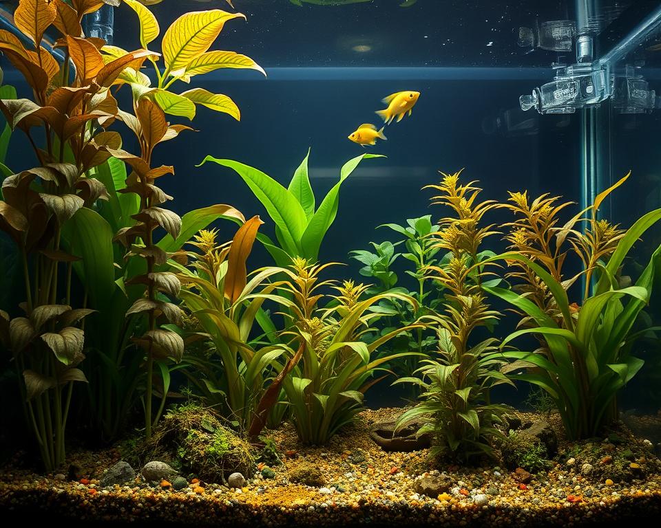 A detailed aquarium scene illustrating common plant care mistakes. In the foreground, a neglected aquarium features wilting tropical plants with brown leaves, algae overgrowth on the substrate, and signs of unhealthy water quality. The middle ground shows various fish swimming listlessly among the struggling plants, emphasizing the negative effects of poor care. In the background, a dimly lit room with a faint light source casts shadows, creating an atmosphere of neglect. The composition is captured from a slightly elevated angle to provide a clear view of the plant distress and the tank's condition. The overall mood is somber, highlighting the consequences of inadequate plant care in an aquarium setting.