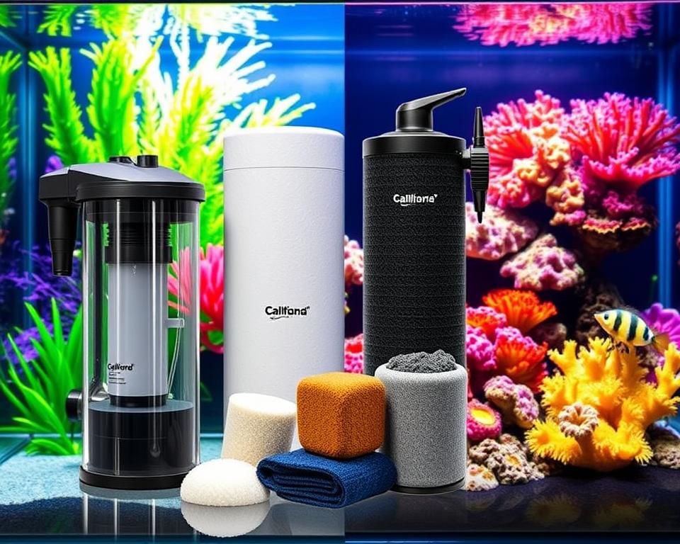 A detailed comparison of freshwater and saltwater aquarium filter types. In the foreground, prominently display a freshwater canister filter, alongside a saltwater protein skimmer, showcasing their distinct designs and functionalities. The middle ground includes various filter media, such as sponge, activated carbon, and biomedia, highlighted to illustrate their use in different water types. The background features a well-lit aquarium setting, divided visually to represent vibrant freshwater plants on one side and colorful saltwater corals on the other. The lighting is bright and natural, emphasizing the aquatic colors. The camera angle is slightly tilted to provide depth, with a focus on clarity and detail, creating an informative yet inviting atmosphere. No text or watermarks present, ensuring a clean visual presentation.