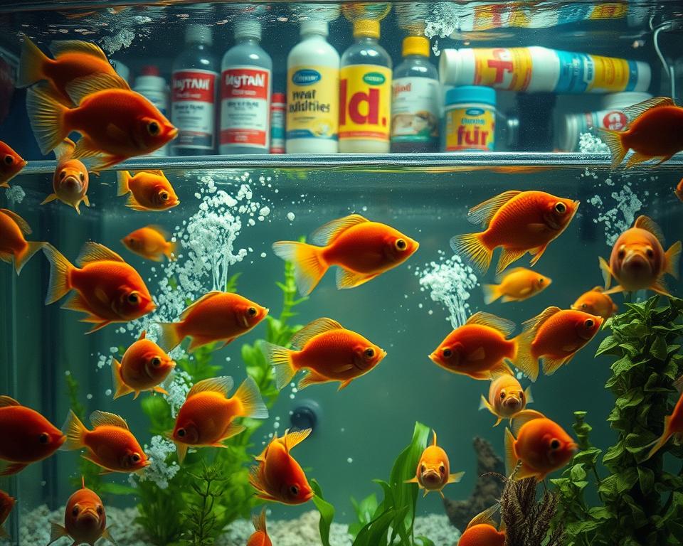 A detailed fish tank scene showcasing the consequences of overusing water additives. In the foreground, a vibrant fish tank is filled with various colorful fish, some appearing distressed with exaggerated features like wide-open mouths and swirling around. The middle layer shows floating particles and a cloudy water depth, indicating an overdose of additives. A few aquatic plants are wilting, with their leaves discolored and shriveling. In the background, a shelf stocked with various water additive bottles, some knocked over, amplifying the chaos. The lighting is dim and moody, highlighting the struggle of the fish, casting soft shadows that enhance the atmosphere of distress. The perspective is slightly tilted to emphasize the sense of imbalance in the tank environment.