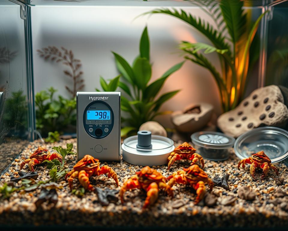 A detailed hermit crab tank setup showcasing the humidity control measures. In the foreground, a clear glass tank filled with substrate, seaweed, and vibrant hermit crabs exploring. The middle ground features a high-quality hygrometer displaying humidity levels, alongside a heating pad and water dish, creating a focal point on proper humidity management. In the background, tropical plants and decorative rocks enhance the natural habitat look, with ambient lighting casting a warm glow, imitating a coastal environment. The overall atmosphere should evoke a sense of a thriving ecosystem, illustrating an ideal balance of humidity and temperature for hermit crabs' well-being. Captured from a slightly elevated angle, ensuring a comprehensive view of the tank's setup, while the lighting showcases clarity and detail.