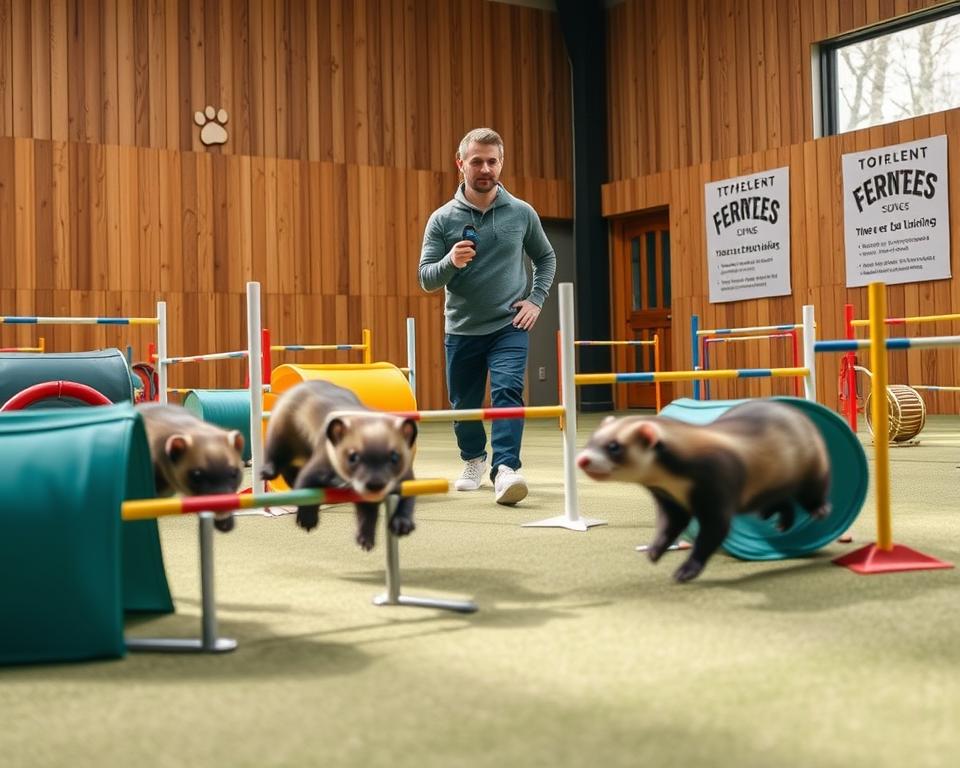 A dynamic scene of agile ferrets in a specialized training arena, showcasing advanced clicker training techniques. In the foreground, two ferrets are enthusiastically navigating a complex agility course comprising tunnels, jumps, and weave poles. One ferret is mid-leap over a small hurdle, while the other is entering a colorful tunnel. In the middle ground, a trainer in casual, modest attire is holding a clicker, attentively observing the ferrets, with a focused, encouraging expression. The background features wooden panels with paw prints and motivational posters about ferret training. Soft, natural lighting streams in from large windows, creating a warm and inviting atmosphere, while the wide-angle perspective emphasizes the energetic movement and playful interaction of the ferrets.