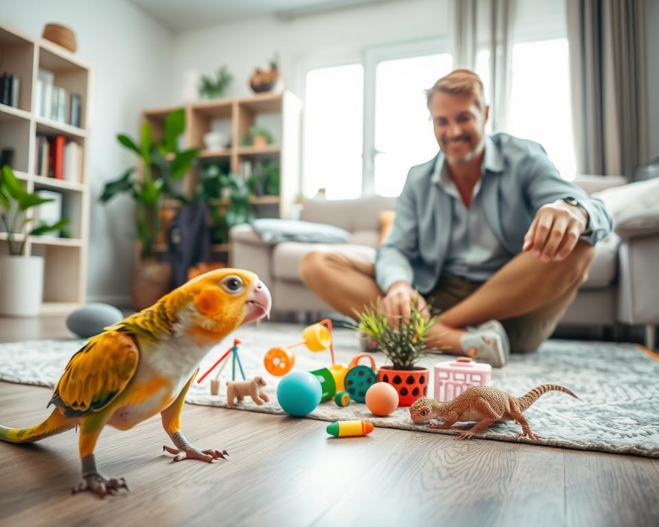 A lively and attentive exotic pet, such as a parrot or a gecko, interacts playfully with its owner sitting on the floor in a softly lit living room. The foreground shows the pet exploring its surroundings, while the owner, dressed in casual yet professional clothing, gently engages with the animal, exuding a nurturing demeanor. In the middle, a vibrant assortment of pet toys and plants adds to the cheerful atmosphere, providing a sense of exploration and curiosity. The background features a cozy bookshelf and a window with soft, natural light streaming in, enhancing the warm and inviting mood. The angle highlights both the pet's expressive behavior and the owner's attentive approach, reflecting the importance of guidance in socialization.