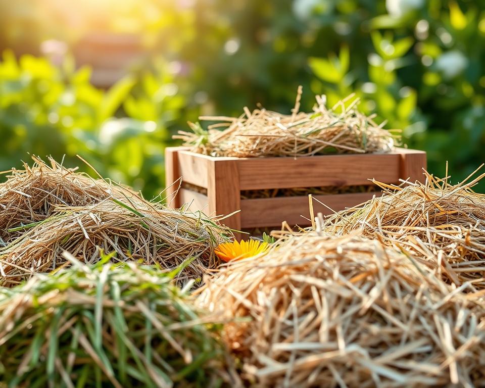A lush arrangement of various types of hay suitable for rabbits, prominently displayed in the foreground. Highlight a range of dried grasses such as Timothy hay, Orchard grass, and Meadow hay, showcasing their different textures and colors. In the middle ground, include a charming wooden crate filled with hay, along with a few small, colorful flowers to symbolize natural nutrition. The background features a soft focus of a tranquil garden setting with greenery and sunlight filtering through the leaves, creating a warm and inviting atmosphere. Use natural lighting to enhance the richness of the hay colors and provide a serene mood, ideal for illustrating best practices in rabbit feeding. The image should evoke a sense of care and healthy living for pets, with no text or distractions.