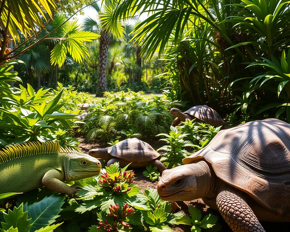 A lush, sunlit environment depicting various herbivorous reptiles engaging in feeding habits. In the foreground, a vibrant green iguana munches on leafy greens, while a tortoise slowly grazes on succulent clovers. In the middle ground, a small group of ankylosaurs is foraging through a dense patch of ferns. The background features a variety of tropical plants and trees, dappled with soft, warm sunlight filtering through the leaves, casting gentle shadows. The scene captures a tranquil and natural atmosphere, emphasizing the peaceful coexistence of these reptiles in their habitat. Use a macro lens effect to highlight the intricate textures of the reptiles' scales and the freshness of the foliage, with high-resolution clarity.