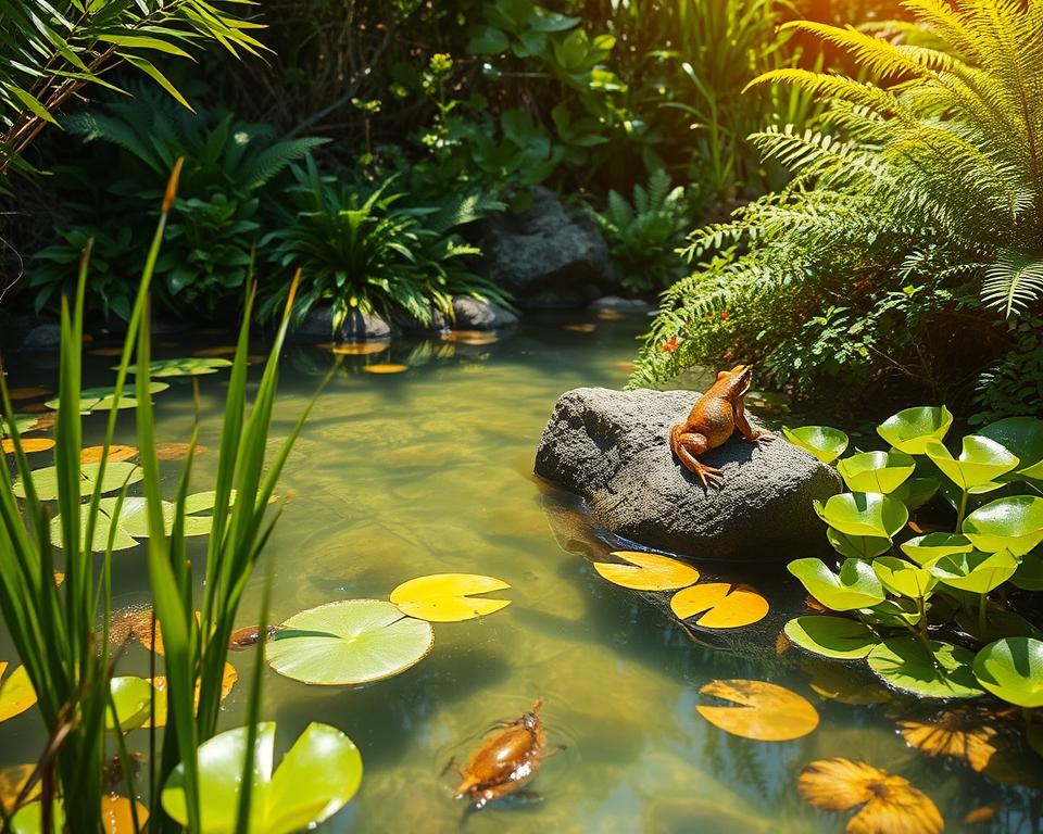A lush, vibrant amphibian habitat showcases a serene water feature at the center, with clear, sparkling water reflecting sunlight. In the foreground, a variety of aquatic plants such as lily pads and reeds gently sway, providing natural cover for frogs and salamanders. The middle ground features a small rocky outcrop where a colorful tree frog perches, blending harmoniously with its surroundings. In the background, dense greenery with diverse vegetation frames the scene, including ferns and shrubs, creating a sense of depth. The lighting is warm and inviting, with dappled sunlight filtering through the leaves, casting playful shadows. A slightly elevated angle captures the beauty of this ecosystem while emphasizing the importance of clean water for amphibian health, evoking a tranquil and nurturing atmosphere.
