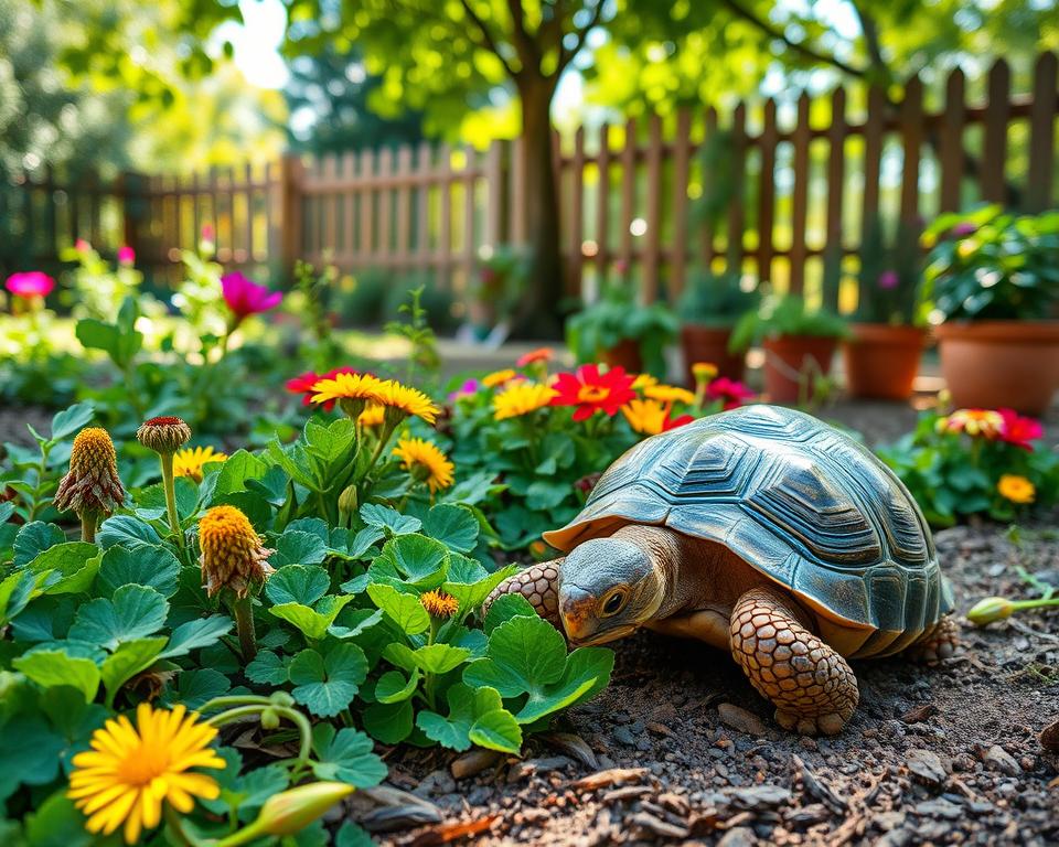 A lush, vibrant garden scene showcasing a tortoise foraging among a variety of colorful, flowering plants and succulent greens. In the foreground, a charming tortoise grazes on rich clover and dandelion leaves, its textured shell glistening under soft sunlight. The middle ground features a mix of herbs and flowering plants like hibiscus and calendula, artfully arranged to create a sense of abundance. In the background, a gently blurred garden fence and a few potted plants create depth, while dappled sunlight filters through leafy branches above. The atmosphere is peaceful and inviting, evoking a sense of harmony with nature. Capture this scene using a natural lens perspective to emphasize the tortoise's connection to its foraging environment.