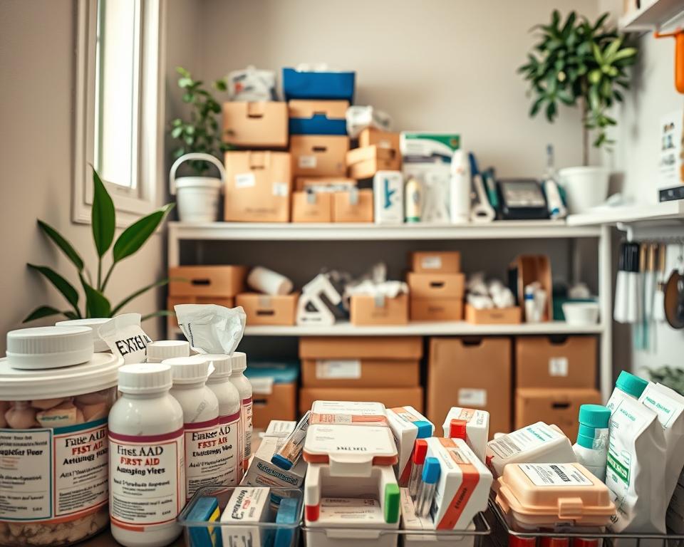 A neatly organized storage area for exotic animal medical supplies, showcasing various first aid items specifically designed for exotic pets. In the foreground, display labeled containers filled with colorful bandages, antiseptic wipes, syringes, and specialized medications. The middle ground features a sturdy shelf lined with boxes of medical equipment, such as thermometers, scales, and grooming tools, all meticulously arranged. In the background, soft ambient light filters through a window, creating a warm, inviting atmosphere. The room should have calming earth tones and be decorated with subtle plant life to evoke a sense of care and attention. The angle captures the storage from a slight overhead perspective, emphasizing accessibility and organization. The overall mood is professional yet nurturing, with no texts or overlays present.