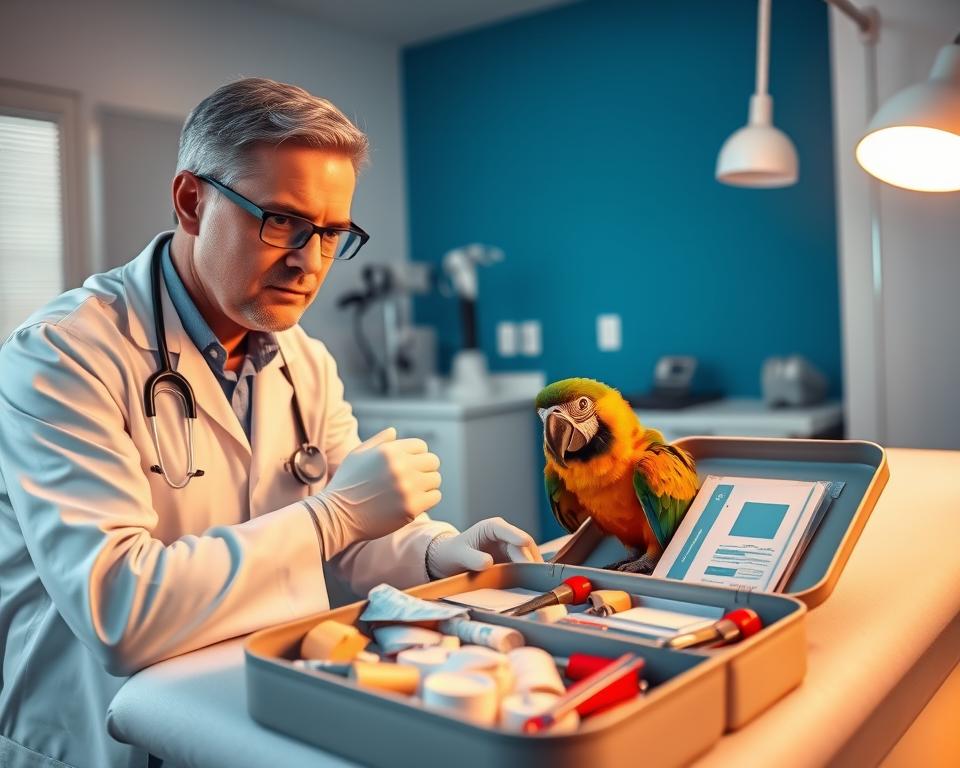 A professional veterinarian in a modern clinic setting, gently administering first aid to an exotic pet, such as a colorful macaw, with a focused expression. The foreground features the vet, dressed in a clean white coat and gloves, confidently assessing the injured bird perched on a soft examination table. In the middle, an open first aid kit displays essential items like bandages, antiseptic, and a thermometer, emphasizing the preparedness for emergencies. The background showcases a well-lit room with veterinary equipment and a calming blue wall. The warm lighting creates a reassuring atmosphere, suggesting compassion and expertise, while the angle captures both the vet's attentive gaze and the pet's vulnerability. The overall mood is one of care and professional determination.