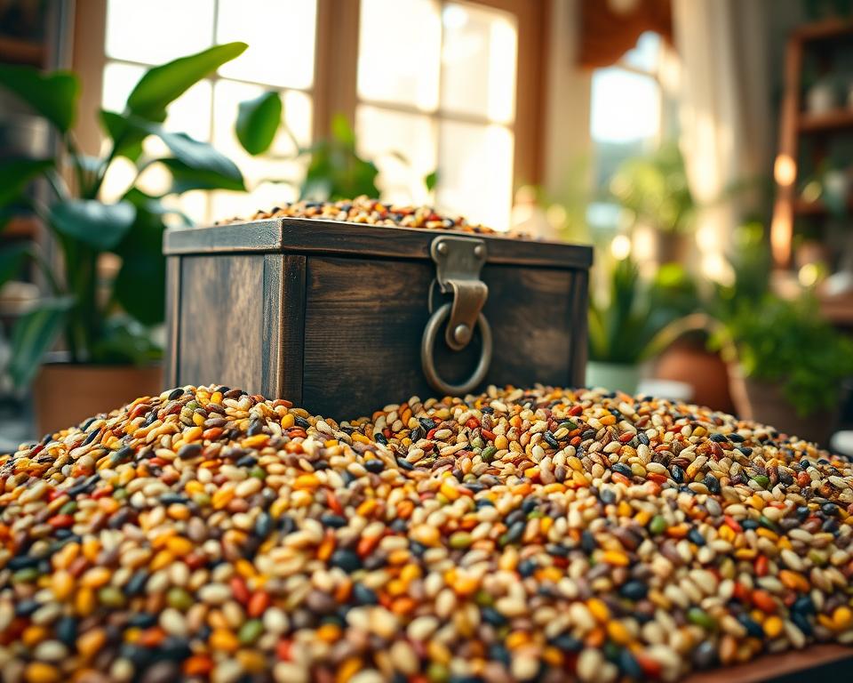 A rustic wooden storage container overflowing with an array of colorful exotic bird seeds, including bright safflower seeds, dark sunflower seeds, and vibrant millet. In the foreground, focus on the intricate textures of the seeds, showcasing the natural beauty and varied shapes. The middle layer features the storage container, weathered and adorned with a vintage latch, placed atop a wooden table surrounded by greenery, such as tropical plants and potted herbs. The background reveals a softly blurred window letting in warm, golden sunlight, casting gentle shadows that enhance the scene's warmth and inviting atmosphere. Capture the image from a slightly elevated angle to create depth, and ensure the colors are rich and saturated to evoke a sense of abundance and natural beauty. A rustic wooden storage container overflowing with an array of colorful exotic bird seeds, including bright safflower seeds, dark sunflower seeds, and vibrant millet. In the foreground, focus on the intricate textures of the seeds, showcasing the natural beauty and varied shapes. The middle layer features the storage container, weathered and adorned with a vintage latch, placed atop a wooden table surrounded by greenery, such as tropical plants and potted herbs. The background reveals a softly blurred window letting in warm, golden sunlight, casting gentle shadows that enhance the scene's warmth and inviting atmosphere. Capture the image from a slightly elevated angle to create depth, and ensure the colors are rich and saturated to evoke a sense of abundance and natural beauty.