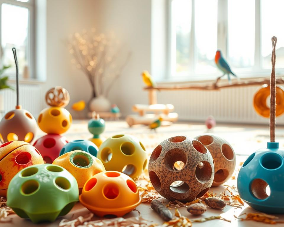 A serene and inviting scene of colorful bird foraging toys arranged in a bright, well-lit indoor setting. In the foreground, a variety of textured puzzle feeders shaped like fruits and nuts, with vibrant colors and intricate compartments to engage birds. The middle ground features a clean, dedicated area with natural wooden perches and scattered bird-safe materials like shredded paper and dried leaves, enhancing the playful atmosphere. In the background, large windows allow soft, warm sunlight to filter through, casting gentle shadows and creating a cozy ambiance. The composition conveys a sense of accessibility and cleanliness, emphasizing the importance of maintaining bird safety and hygiene. The overall mood is cheerful and nurturing, inviting viewers to explore the joys of bird playtime.