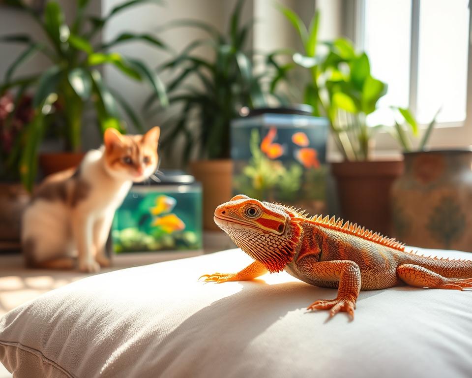 A serene indoor setting featuring a colorful bearded dragon lounging on a soft, sunlit cushion in the foreground, while a curious cat peers playfully from the side, showcasing the interaction between different pets. In the middle ground, a small vibrant aquarium with tropical fish adds life and movement, symbolizing a harmonious home. The background consists of lush potted plants and soft lighting filtering through a window, creating a warm and inviting atmosphere. The angle captures the scene from a slightly elevated perspective, emphasizing the bonds formed between these pets. The mood is peaceful and friendly, highlighting the theme of socialization and companionship among reptiles and other animals.