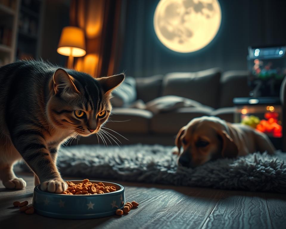 A serene, moonlit scene showcasing nocturnal feeding habits of pets in a cozy living room. In the foreground, a curious cat gently pawing at a food bowl filled with kibble, its bright eyes reflecting the soft glow of a nearby lamp. In the middle ground, a playful dog resting on a plush rug, occasionally glancing at the cat, while a small aquarium bubbles softly in the background, casting a gentle shimmer on the walls. The ambient lighting creates a warm and inviting atmosphere, highlighting the textures of the fur and fabric. Use a shallow depth of field to focus on the cat and food bowl, while keeping the dog and aquarium slightly blurred. The overall mood is calm and whimsical, perfect for illustrating pet activity at night.