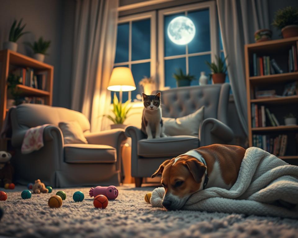 A serene nighttime scene featuring a cozy indoor setting, focusing on a playful cat and an energetic dog. In the foreground, the cat is perched curiously atop a plush armchair, surrounded by scattered toys, while the dog playfully digs into a pile of soft blankets. In the middle ground, a gently glowing lamp casts warm light, illuminating a bookshelf filled with pet care books and plants. The background reveals a window with moonlight streaming through, enhancing the tranquil atmosphere. The overall mood is peaceful yet lively, capturing the essence of nocturnal pet activity. Use soft focus for a dreamy effect, reminiscent of a candid snapshot taken from a slightly low angle, emphasizing the warmth and connection between pets and their environment.