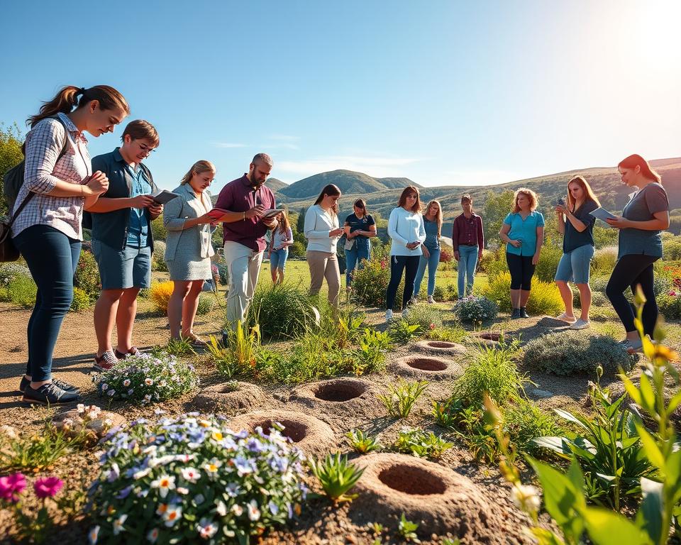 A serene outdoor landscape showcasing a vibrant garden, with an emphasis on educational opportunities tied to burrowers. In the foreground, a diverse group of people—children and adults—are engaged in exploring small burrows, using magnifying glasses and notebooks, all dressed in smart casual clothing. In the middle ground, a variety of native plants and flowers surround the burrows, adding color and life to the scene. The background features gentle hills and a clear blue sky with soft, diffuse sunlight casting a warm glow over the entire scene, enhancing the inviting atmosphere of exploration and learning. The angle is slightly elevated, giving a broad view of the interactions and natural elements, conveying a sense of curiosity and discovery.