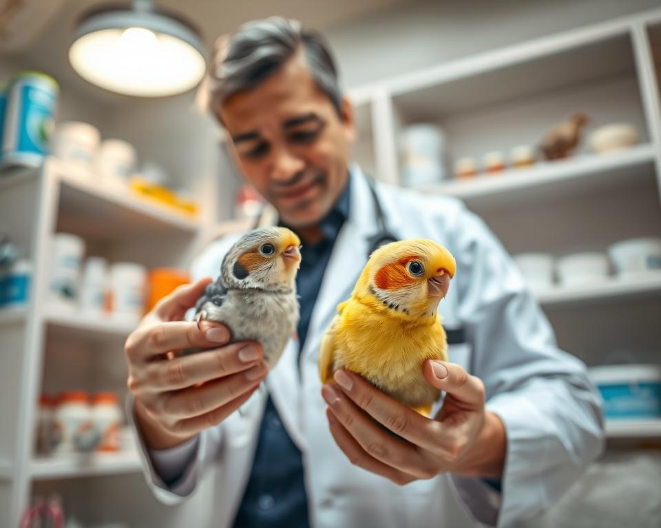A serene veterinary clinic setting, focusing on an avian veterinarian gently examining a small bird, showcasing an egg binding issue. In the foreground, a close-up of the veterinarian, dressed in a crisp white lab coat and professional attire, examines the bird's abdomen with a gentle, caring expression. In the middle ground, a detailed view of the bird reveals subtle signs of distress, capturing the essence of compassion and concern. The background features shelves filled with avian care supplies, softly lit with warm overhead lighting to create a nurturing atmosphere. The entire scene conveys a sense of urgency intertwined with care, emphasizing the importance of regular check-ups to prevent complications in egg laying. A soft depth of field blurs the background, keeping focus on the vet and the bird.