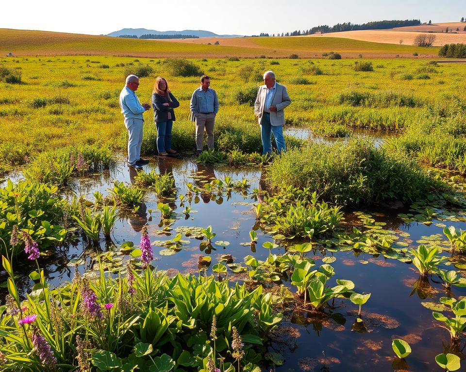 A serene wetland scene showcasing a diverse ecosystem, featuring lush green vegetation, vibrant wildflowers, and pools of clear water reflecting the sky. In the foreground, a group of professionals in modest casual attire, engaged in discussion while observing amphibian habitats, emphasizes the importance of wetland conservation policies. In the middle ground, a healthy mix of reeds and small bushes supports various amphibian species. The background is filled with gently rolling hills and distant trees, bathed in warm, golden sunlight. The atmosphere is calm and hopeful, evoking a sense of stewardship for nature. The image is captured from a slightly elevated angle, providing a comprehensive view of this thriving wetland environment, emphasizing both beauty and biodiversity.