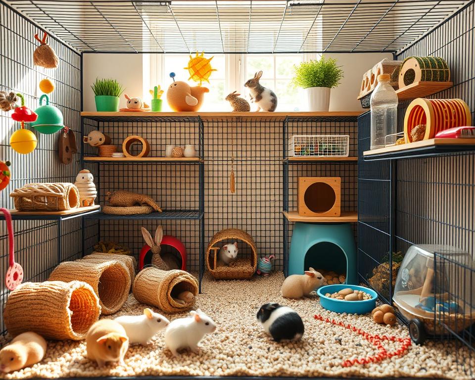 A spacious and well-organized small mammal cage showcasing an ideal layout for hamsters, guinea pigs, and rabbits. In the foreground, display a variety of enriching toys, tunnels, and a cozy nesting area. The middle ground should feature an open cage door, inviting small mammals to explore, while a water bottle and food dish are nearby. In the background, soft natural lighting filters through a window, creating a warm and inviting atmosphere. The overall mood is cheerful and playful, emphasizing the importance of comfort and stimulation in a small mammal's environment. Use a slightly elevated angle to capture the entire cage setup, highlighting the different levels and sections designed for each type of small mammal.