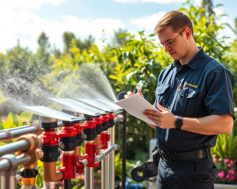 A technician in a professional uniform is performing maintenance on an automated misting system in a lush garden setting. In the foreground, the technician carefully inspects a series of misting nozzles, holding tools and checklists. In the middle ground, various components of the misting system are visible, including pipes, valves, and a water source, surrounded by vibrant greenery and flowers. The background features a sunny sky, with soft, diffused sunlight illuminating the scene. The atmosphere is calm and focused, emphasizing the importance of regular maintenance. The composition is captured from a slightly elevated angle, offering a comprehensive view of the technician’s work, highlighting the intricate details of the misting system.