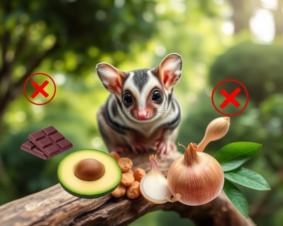 A vibrant and detailed composition illustrating a sugar glider's diet, focusing on "Foods to Avoid for Sugar Gliders." In the foreground, feature a curious sugar glider perched on a wooden branch, its large eyes glistening with curiosity. Surround it with common foods that are harmful to them, like chocolate, avocado, and onion, artistically arranged to catch the eye. In the middle ground, incorporate a soft, lush green setting reminiscent of a forest, with gentle natural lighting filtering through the leaves. For the background, a blurred scene of bushy trees creates depth and enhances the wild atmosphere. The overall mood should be educational yet tranquil, emphasizing the importance of food safety for these adorable creatures. Use a soft focus lens effect for a warm, inviting feel, ensuring no text or distractions are present. A vibrant and detailed composition illustrating a sugar glider's diet, focusing on "Foods to Avoid for Sugar Gliders." In the foreground, feature a curious sugar glider perched on a wooden branch, its large eyes glistening with curiosity. Surround it with common foods that are harmful to them, like chocolate, avocado, and onion, artistically arranged to catch the eye. In the middle ground, incorporate a soft, lush green setting reminiscent of a forest, with gentle natural lighting filtering through the leaves. For the background, a blurred scene of bushy trees creates depth and enhances the wild atmosphere. The overall mood should be educational yet tranquil, emphasizing the importance of food safety for these adorable creatures. Use a soft focus lens effect for a warm, inviting feel, ensuring no text or distractions are present.