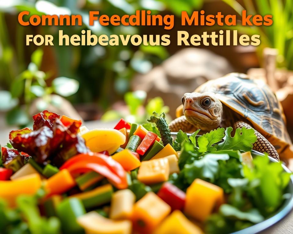 A vibrant and educational scene illustrating common feeding mistakes for herbivorous reptiles. In the foreground, a close-up of a lush feeding dish filled with a colorful variety of vegetables, like leafy greens, bell peppers, and squash, showcasing incorrect portion sizes. In the middle ground, a healthy herbivorous reptile, such as a tortoise or iguana, appears confused as it approaches the dish. The background features a naturalistic habitat with plants and soft light filtering through, enhancing the atmosphere of a warm, sunny environment. Use a shallow depth of field to focus on the reptile and the feeding dish, creating an inviting, informative mood for viewers interested in reptile care.
