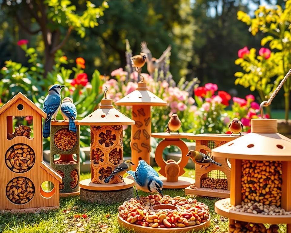 A vibrant and inviting scene featuring a variety of bird puzzle feeders arranged playfully in a lush garden setting. In the foreground, multiple intricately designed puzzle feeders are filled with colorful seeds and nuts, showcasing diverse shapes like mazes, sliding panels, and rotating disks. The middle ground reveals cheerful birds, such as blue jays and finches, in the act of interacting with the feeders, pecking and exploring. The background features a rich tapestry of greenery, including flowering plants and trees, dappled in soft sunlight. The lighting is golden and warm, capturing a serene and joyful atmosphere of birds engaging in stimulating playtime. The image is shot from a low angle, providing an immersive perspective of the playful interaction, while ensuring clarity and vivid colors dominate the scene.
