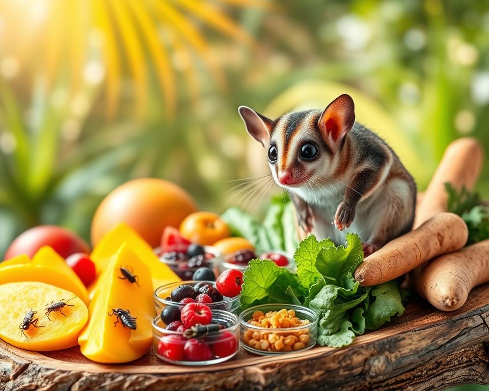 A vibrant and visually appealing composition focusing on a sugar glider interacting with various nutritious foods. In the foreground, a playful sugar glider is perched on a wooden branch, its large expressive eyes surveying an assortment of fruits like mango slices, berries, and small bowls of insects. The middle layer features a neatly arranged display of vegetables, such as leafy greens and sweet potatoes, enhancing the concept of a balanced diet. In the background, a softly blurred, natural habitat setting adds depth, including hints of tropical foliage with soft sunlight filtering through, creating a warm, inviting atmosphere. The overall mood is lively and engaging, perfect for showcasing the healthy diet of sugar gliders. Use soft focus and natural lighting to emphasize the freshness and vibrancy of the foods. A vibrant and visually appealing composition focusing on a sugar glider interacting with various nutritious foods. In the foreground, a playful sugar glider is perched on a wooden branch, its large expressive eyes surveying an assortment of fruits like mango slices, berries, and small bowls of insects. The middle layer features a neatly arranged display of vegetables, such as leafy greens and sweet potatoes, enhancing the concept of a balanced diet. In the background, a softly blurred, natural habitat setting adds depth, including hints of tropical foliage with soft sunlight filtering through, creating a warm, inviting atmosphere. The overall mood is lively and engaging, perfect for showcasing the healthy diet of sugar gliders. Use soft focus and natural lighting to emphasize the freshness and vibrancy of the foods.