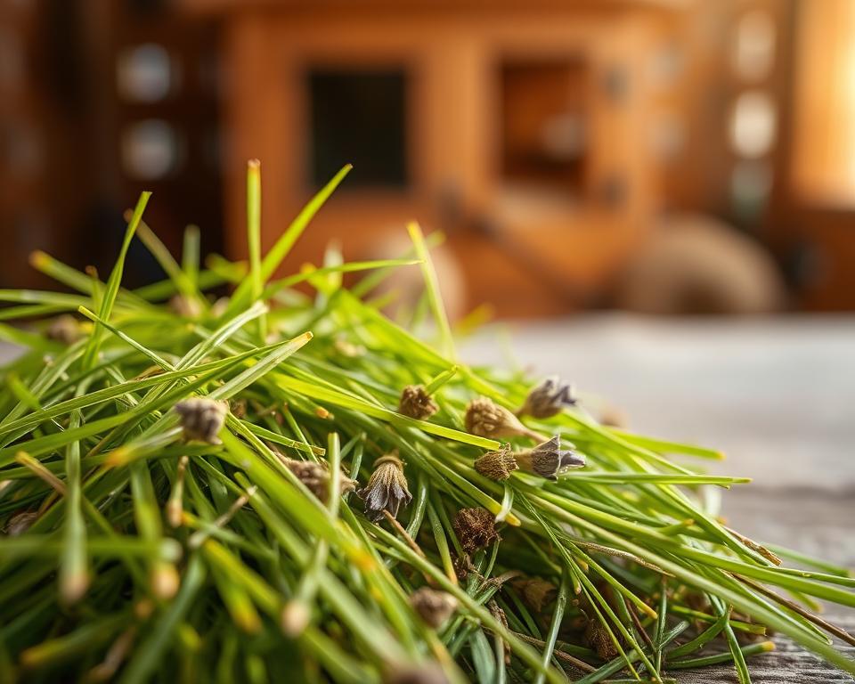 A vibrant close-up of organic rabbit hay, showcasing its rich, green strands and fine texture. In the foreground, the hay is arranged artfully, with a few dried flowers and herbs mixed in, adding natural color variations like subtle purples and yellows. The middle ground should consist of a rustic wooden surface, enhancing the organic feel, while in the background, a blurred hutch can be subtly seen, symbolizing a rabbit’s cozy habitat. The lighting is warm and natural, as if illuminated by soft sunlight streaming in through a window, creating a homely atmosphere. The image evokes a sense of nurturing and healthiness, perfect for illustrating the benefits of organic options in rabbit care.
