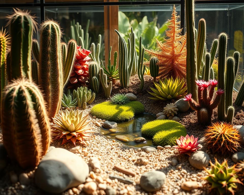 A vibrant desert ecosystem terrarium filled with a variety of cacti and succulents in rich, earthy tones. In the foreground, large barrel cacti stand tall next to clusters of delicate, flowering succulents. The middle ground features smooth pebbles and sandy textures, with a small, gentle slope leading to a tiny oasis of glistening water surrounded by lush green moss. In the background, the terrarium glass is illuminated by warm, natural sunlight, casting dynamic shadows that enhance the scene's depth. The atmosphere conveys a serene and inviting feel, with a soft focus that highlights the intricate details of each plant, evoking the essence of maintaining a thriving desert environment. Ideal lighting conditions provide a clear view of variations in plant life.